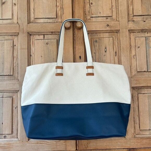 Keep Collective Canvas Purse Cream Navy Blue Color Block Shoulder Tote Bag Boho - Picture 7 of 14